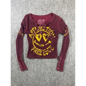 Affliction Womens Thermal Henley Long Sleeve Burgundy Free Love Heart Smiley S